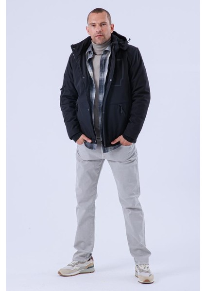 Erkek Kapüşonlu Su ve Rüzgar Geçirmez Kapitone Içi Kürklü Elyaf Dolgulu Şişme Siyah Softshell Mont indirimleri