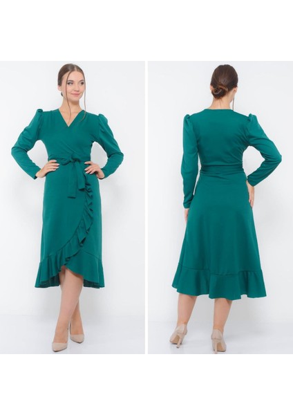 Krep Kumaş Midi Boy Kuşaklı Uzun Kol Elbise (Yeşil) modelleri