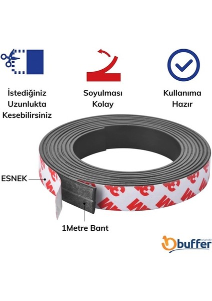 Yapışkanlı Şerit Mıknatıs Magnet Kes Kullan Güçlü Sağlam Rulo Çıkarılması Kolay Siyah 2 cm x 1 mt