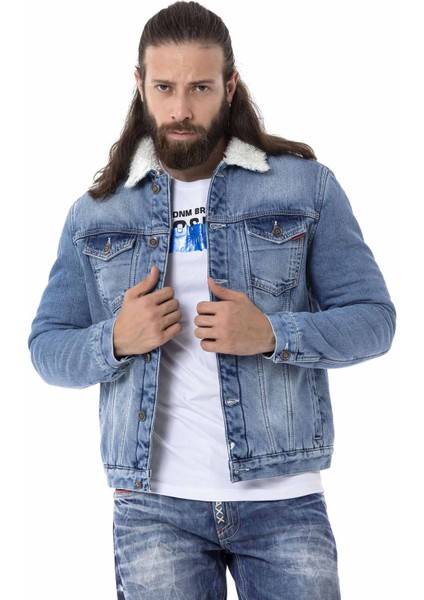 CJ294 Kürklü Basic Iceblue Jeans Ceket