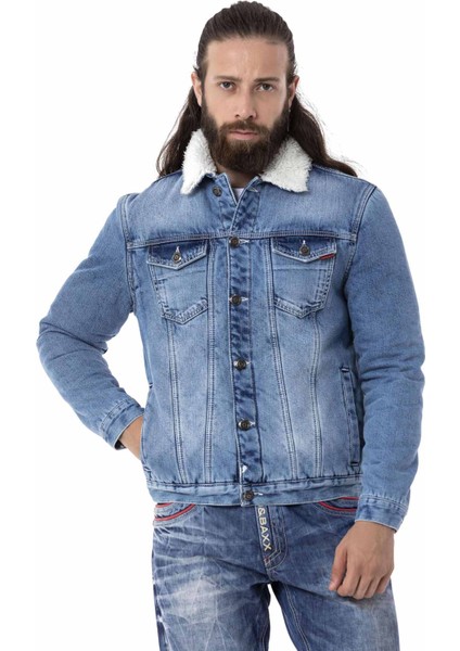 CJ294 Kürklü Basic Iceblue Jeans Ceket