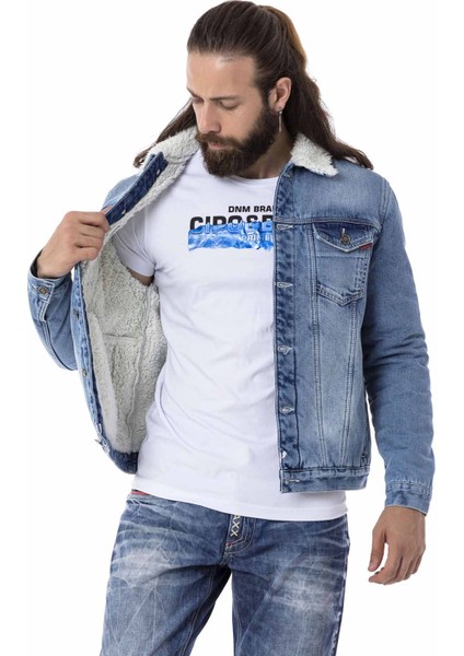 CJ294 Kürklü Basic Iceblue Jeans Ceket