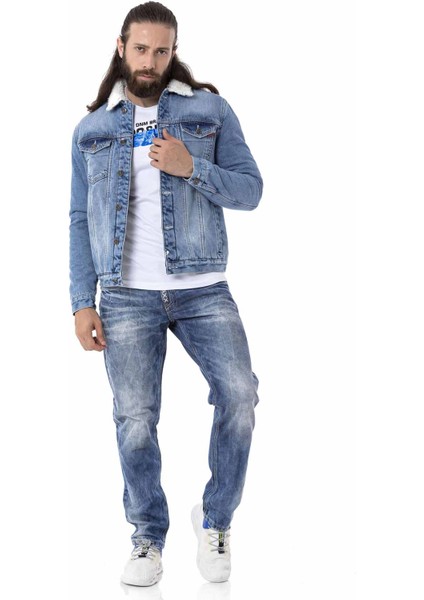 CJ294 Kürklü Basic Iceblue Jeans Ceket