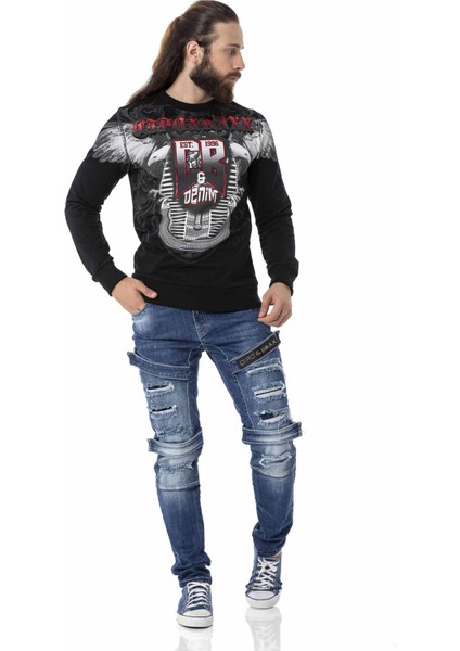 CL515 Kartal Desenli Siyah Kalın Sweatshirt