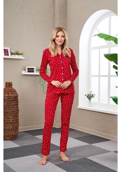 Kadın Uzun Kol Boy Düğmeli Pijama Takımı 23523