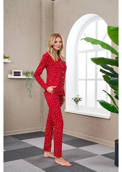 Kadın Uzun Kol Boy Düğmeli Pijama Takımı 23523