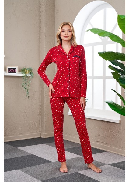 Kadın Uzun Kol Boy Düğmeli Pijama Takımı 23523