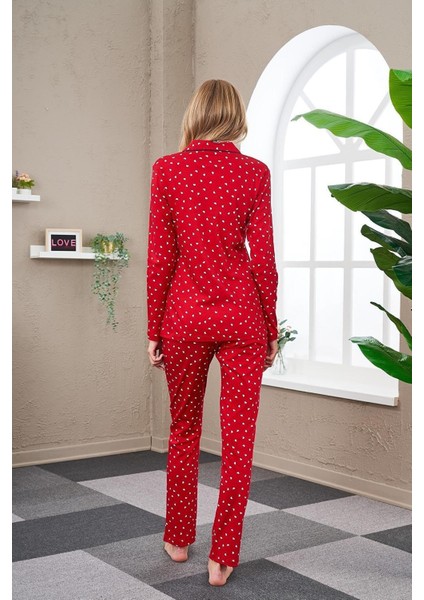 Kadın Uzun Kol Boy Düğmeli Pijama Takımı 23523
