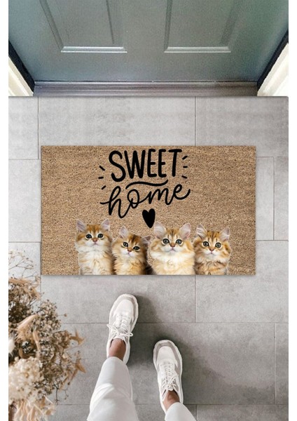 Modern Dijital Baskı Sweet Home Kedi Temalı Kapı Önü Paspası