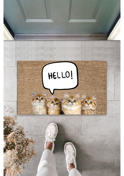 Modern Dijital Baskı Hello Kedi Temalı Kapı Önü Paspası