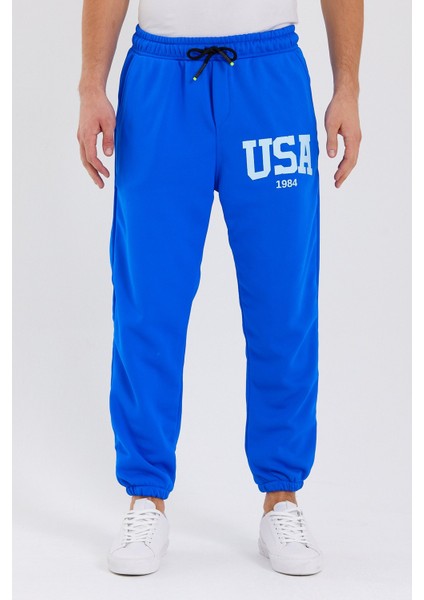 Unisex Usa Baskılı Mavi Scuba Şardonlu Kumaş Oversize Eşofman Altı