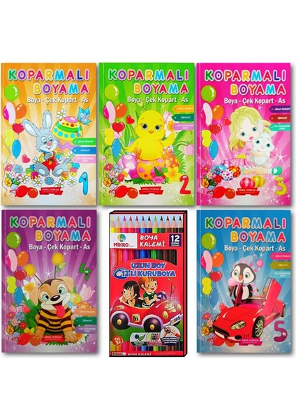 Koparmalı Boyama Kitabı 5 Adet ve 12 Renk Kuru Boya (Ciltli)