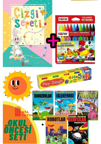 Çizgi Çalışmaları+Şirin Boyama 5'li Kitap Seti+ 12'li Mum Boya Seti (Ciltli)