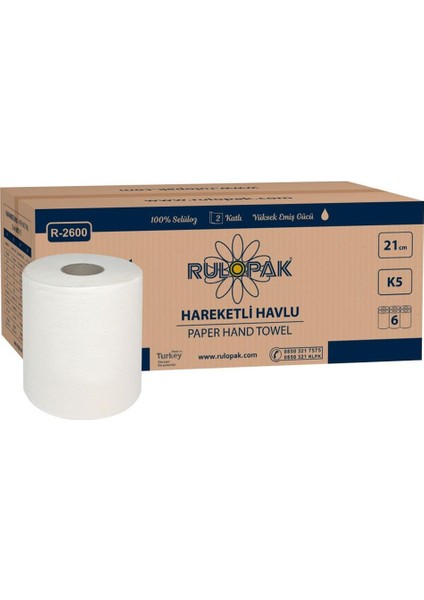Hareketli Kağıt Havlu 2 Katlı 21 Cm 80M 6'Lı Paket 5 Kg