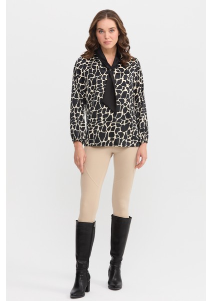 Kadın Örümcek Ağı Desenli Kravatlı Gömlek Siyah