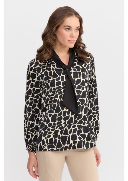 Kadın Örümcek Ağı Desenli Kravatlı Gömlek Siyah indirimleri