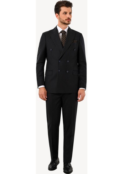 Erkek Siyah Regular Fit Kruvaze Takım Elbise
