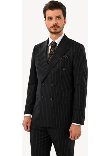 Erkek Siyah Regular Fit Kruvaze Takım Elbise
