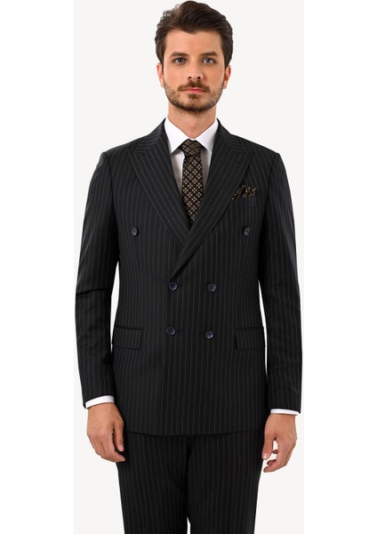 Erkek Siyah Regular Fit Kruvaze Takım Elbise