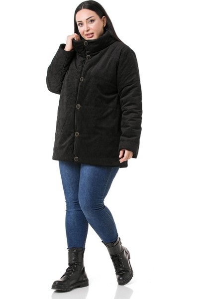 Kadın Şişme Kaban Astarlı Kadife Uzun Kollu Yandan Cepli Siyah fiyatları