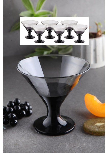 Lüx - Cam 6 Lı Ayaklı Magnolia,puding,dondurmalık,çerezlik Kase Cup Seti - Siyah Füme Renk