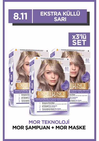 L'Oréal Paris Excellence Cool Creme 8.11 Ekstra Küllü Sarı Saç Boyası 3'lü Set