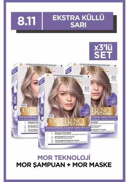 L'Oréal Paris Excellence Cool Creme 8.11 Ekstra Küllü Sarı Saç Boyası 3'lü Set