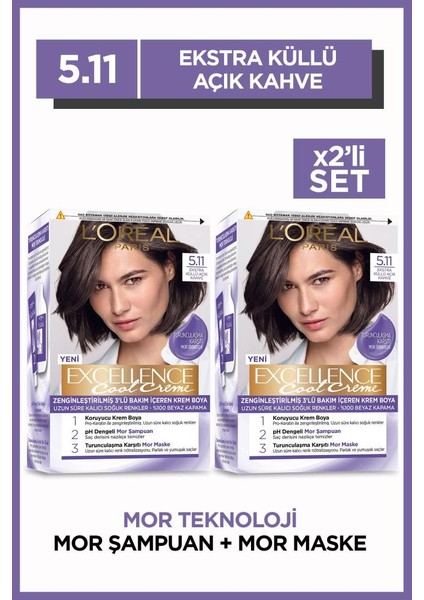 Excellence Cool Creme 5.11 Ekstra Küllü Açık Kahve Saç Boyası 2'li Set