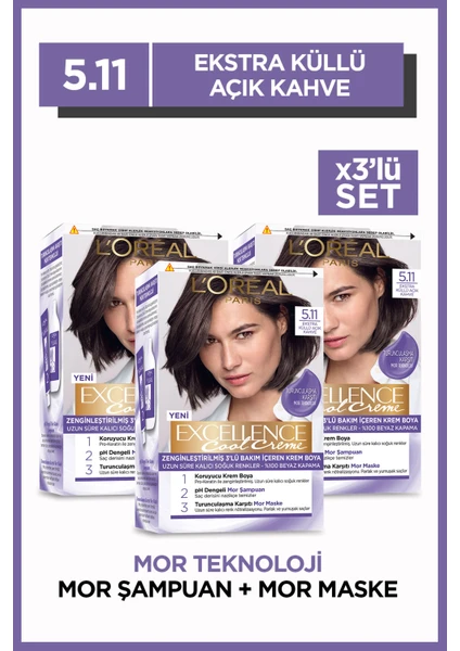 L'Oréal Paris Excellence Cool Creme 5.11 Ekstra Küllü Açık Kahve Saç Boyası 3'lü Set