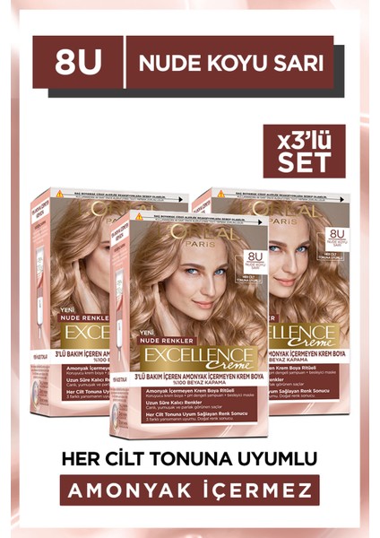 Excellence Creme 8u Nude Koyu Sarı Saç Boyası 3'lü Set