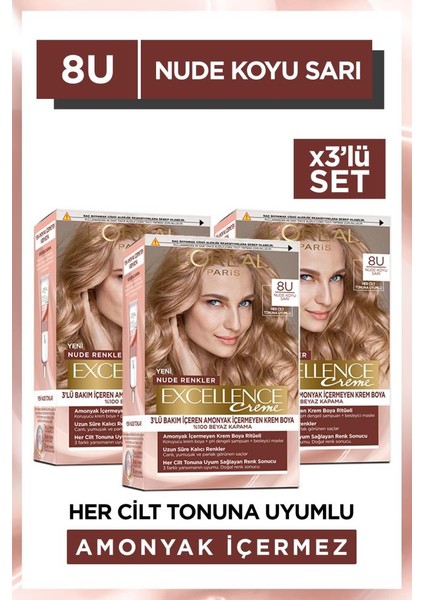 Excellence Creme 8u Nude Koyu Sarı Saç Boyası 3'lü Set