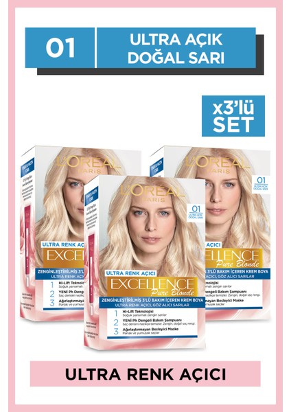 L'Oréal Paris Excellence Pure Blond 01 Ultra Açık Doğal Sarı Saç Boyası 3'lü Set