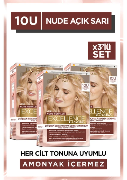 L'Oréal Paris Excellence Creme 10U Nude Açık Sarı Saç Boyası 3'lü Set