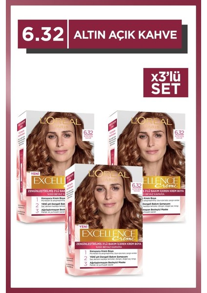 L'Oréal Paris Excellence Creme 6.32 Altın Açık Kahve Saç Boyası 3'lü Set