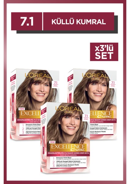 L'Oréal Paris Excellence Creme 7.1 Küllü Kumral Saç Boyası 3'lü Set