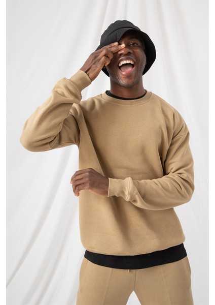 Erkek Vibe Oversize Bej Sweatshirt