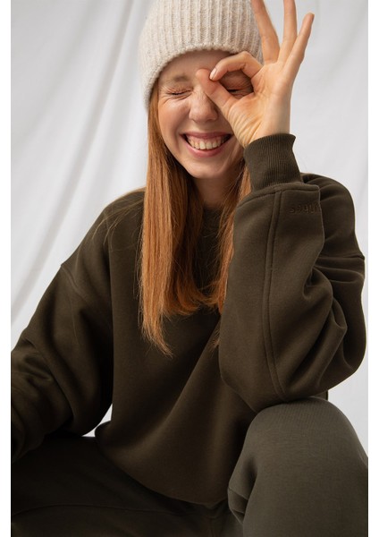 Kadın Vibe Oversize Haki Sweatshirt