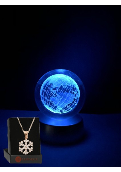Dünya Temalı Işıklı 3D LED Işıklı Cam Küre ve Kar Tanesi Kolye
