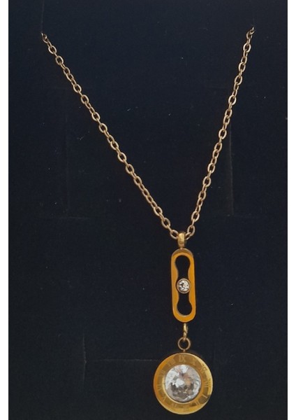 Zirkon Taşlı Çelik Gold Kolye