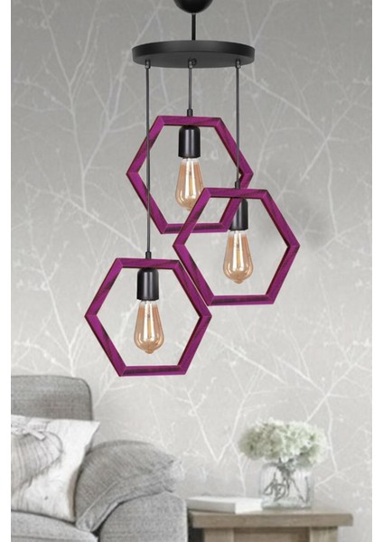 Boyalı Hexagon Ahşap Avize