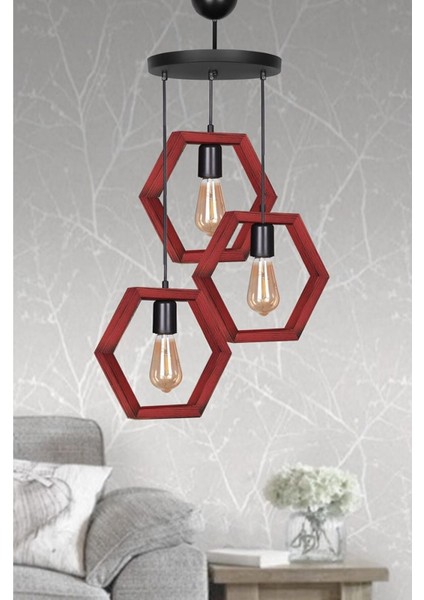 Boyalı Hexagon Ahşap Avize