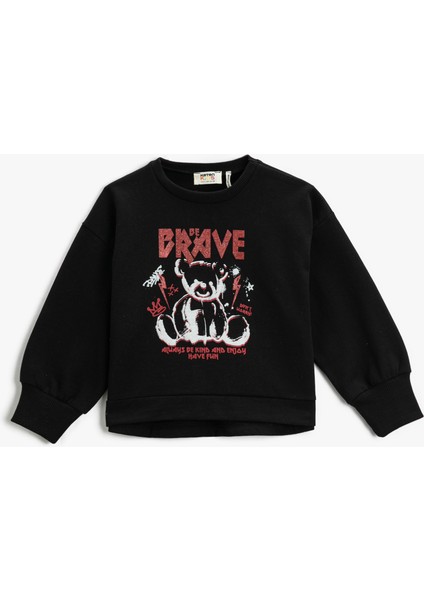 Ayı Baskılı Sweatshirt Pamuklu Bisiklet Yaka