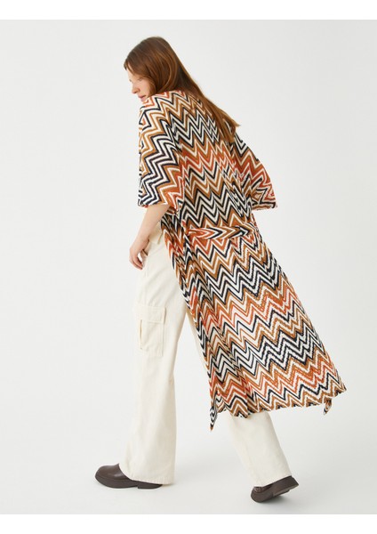 Zigzag Desenli Uzun Kimono Kuşaklı