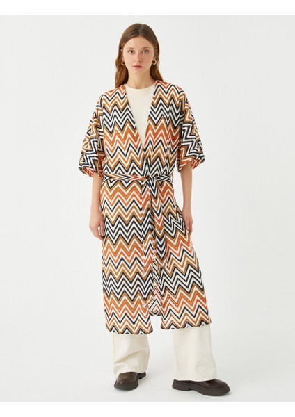 Zigzag Desenli Uzun Kimono Kuşaklı