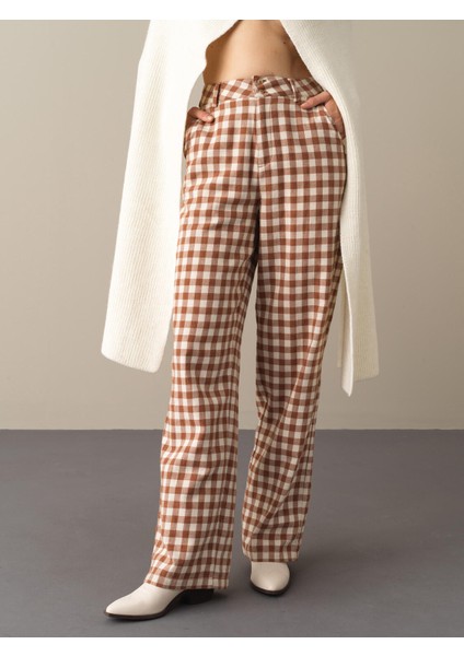 Kadın Camel Oversize Ekose Pantolon fiyatları