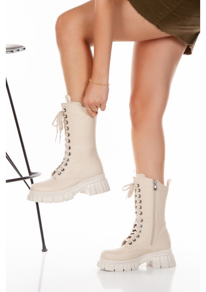 Kadın 466 -Bj Bej Bağcık Görünümlü Bot&bootie&postal