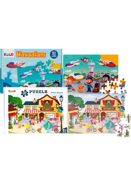 +4 Yaş Sevimli Mahalle ve Havaalanı 2’li Puzzle Set (Eolo)