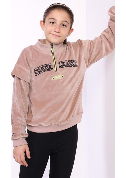 Toontoy Kız Çocuk Fermuar Detaylı Nakışlı Kadife Sweatshirt