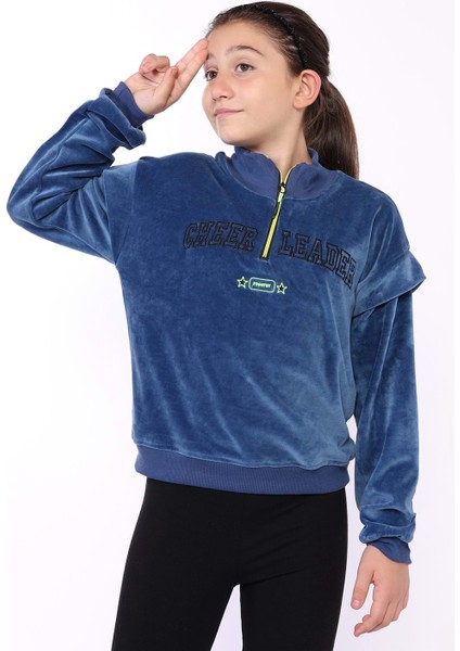 Toontoy Kız Çocuk Fermuar Detaylı Nakışlı Kadife Sweatshirt
