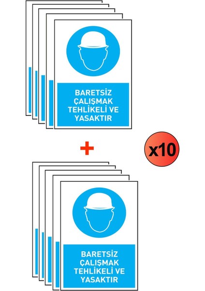 Iş Güvenliği 10 Adet Levhası Baret Giymek Zorunludur Uyarı - Işaret Levhası + Bant